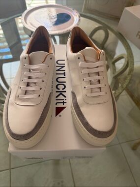 UNTUCKit Men's White Leather Sneakers with Gray Suede Trim